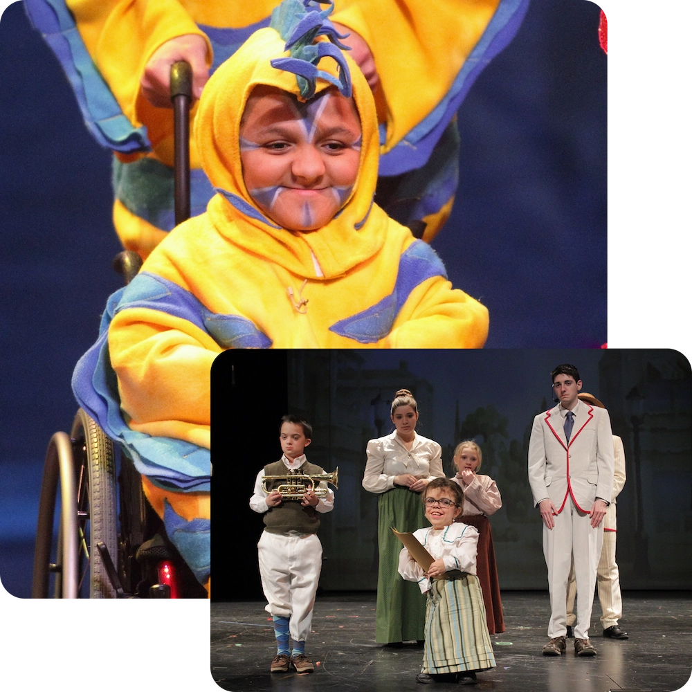 Child in wheelchair performing on stage.
